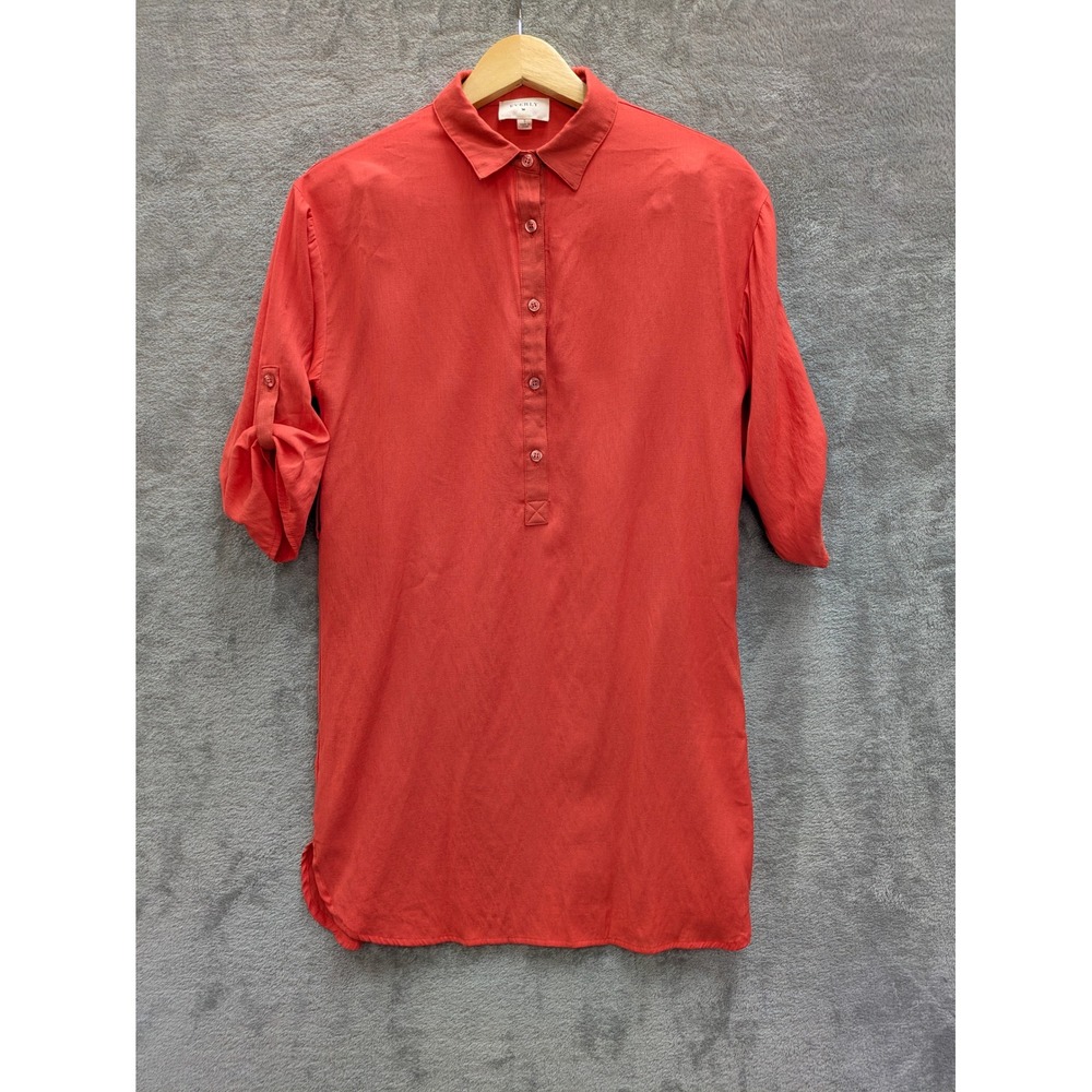 Minimalist Tunic Blouse Women Small Orange Red Roll Tab Sleeve